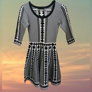 Nina Leonard- Black & White Geometric Print, Fit & Flare Mini Sweater Dress